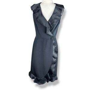 Rickie Freeman Teri Jon 100% Silk Wrap Dress Womens Size 6 Black Ruffle Cocktail